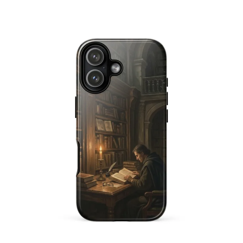 Candlelit Library Tough Phone Case, iPhone 15, 16 and 17 case, dark academia accessory, bookstore gift for readers