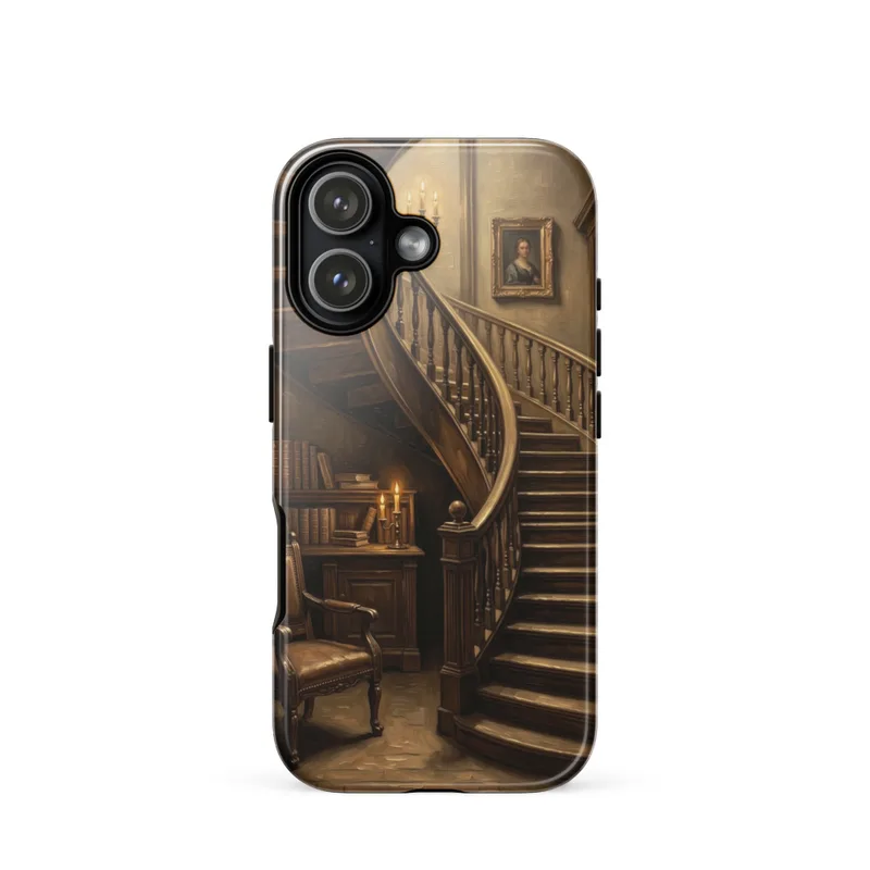 Spiral Staircase in an Old Library Tough Phone Case, dark academia style, vintage oil painting, iPhone 15, 16 and 17 case, book lover gift