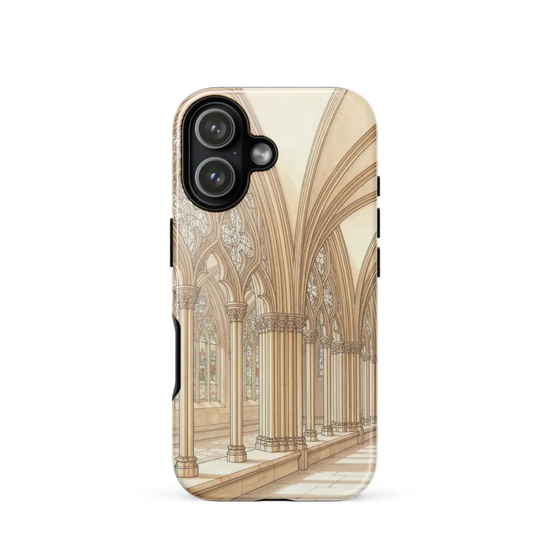 Sunlit cathedral cloister Tough Phone Case, gothic architecture, watercolor art, architecture gift, iPhone 15, 16 and 17 case