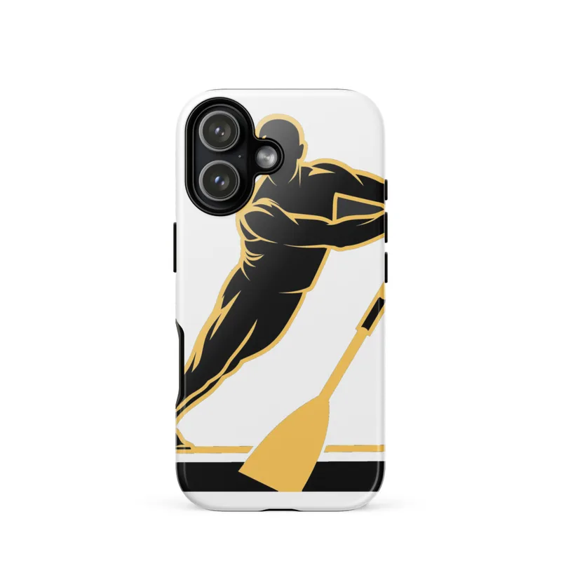 Rower Mid-Stroke Tough Phone Case, iPhone 15, 16 and 17 case, charcoal and gold design, gym poster style, rowing gift