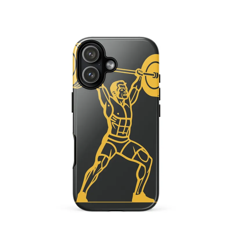 Weightlifter Clean & Jerk Tough Phone Case, iPhone 15, 16 and 17 case, bold gym poster art, charcoal and gold, weightlifting gift