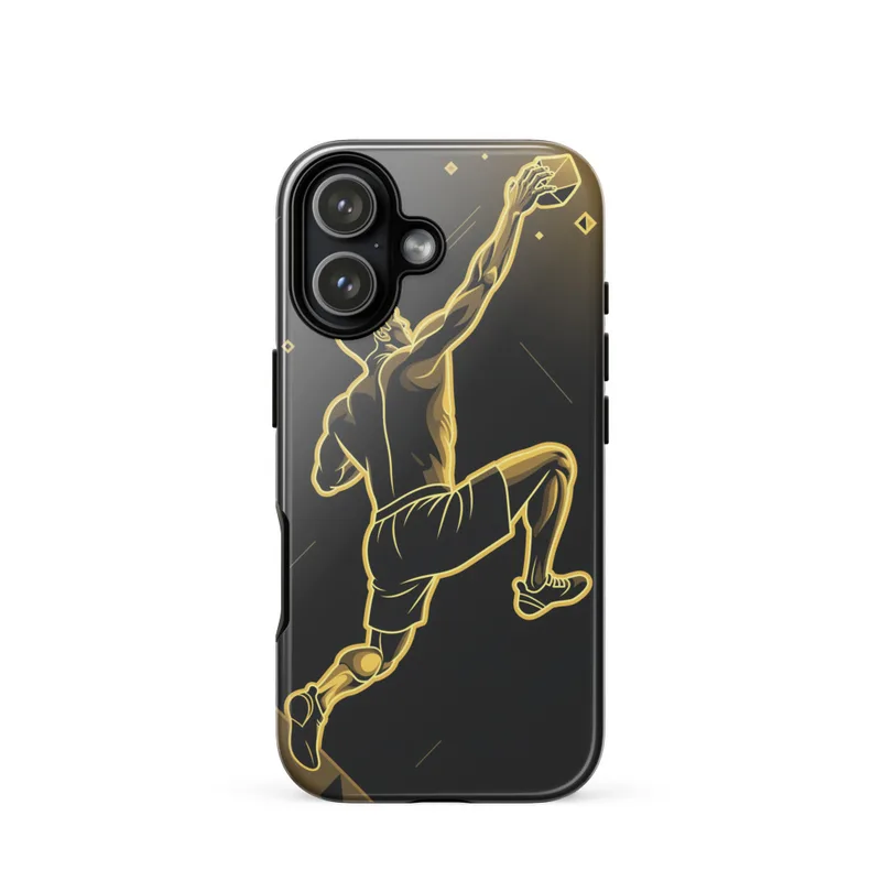Rock Climber Reach Tough Phone Case, iPhone 15, 16 and 17 case, bold gym poster style, climber gift, athlete gift idea