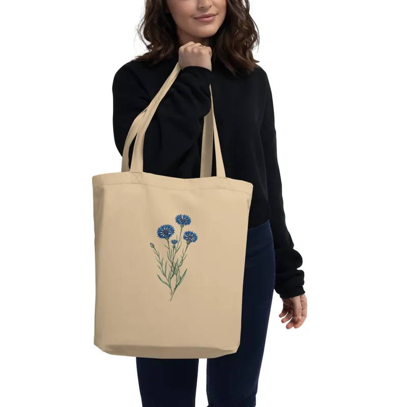 Cornflower Study Tote Bag, botanical cornflower art, organic cotton tote, everyday market bag, gift for gardeners and flower lovers