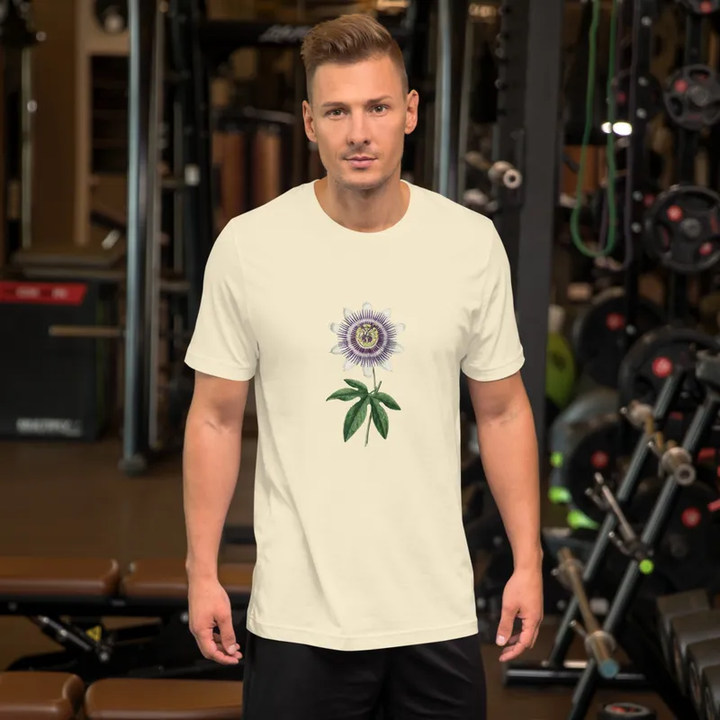 Passionflower Study T-Shirt, botanical flower illustration, casual nature style, gift for gardeners and plant lovers