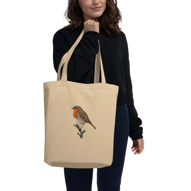 Robin Study Tote Bag, detailed bird illustration, organic cotton everyday tote, market bag, gift for bird lovers