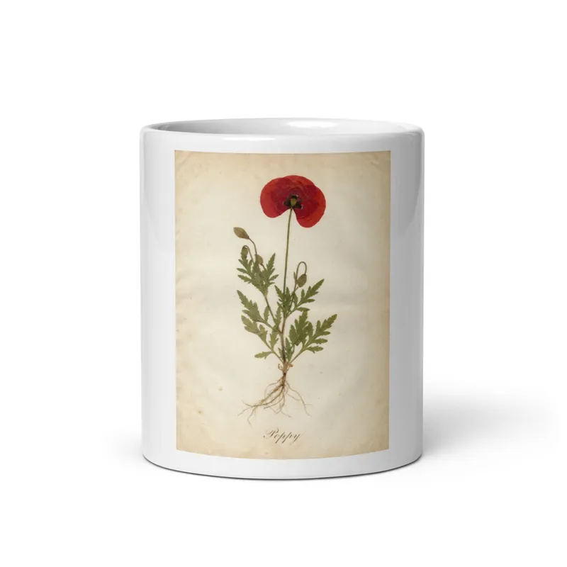 Poppy Plate Mug, botanical floral mug design, ceramic drinkware, coffee and tea lover gift, flower lover gift