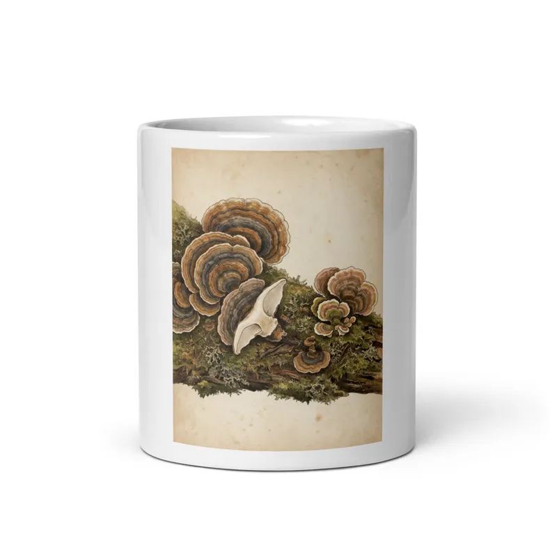 Turkey Tail Plate Mug, ceramic drinkware, botanical mushroom art, nature kitchen decor, gift for mushroom lovers