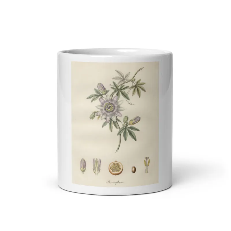 Passionflower Plate Mug, botanical floral design, ceramic coffee and tea mug, kitchen accent, flower lover gift