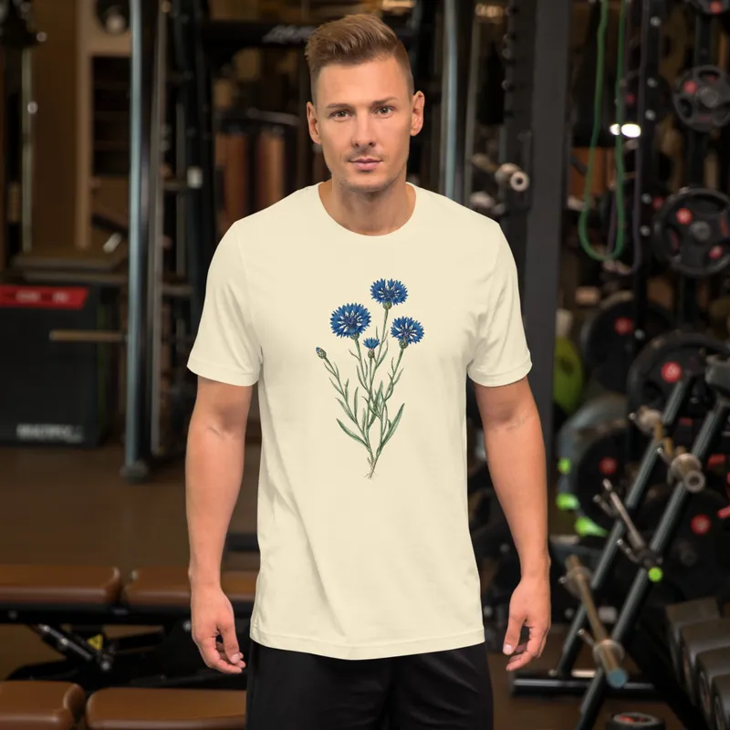 Cornflower Study T-Shirt, botanical flower illustration, casual nature shirt, blue floral clothing, gift for gardeners