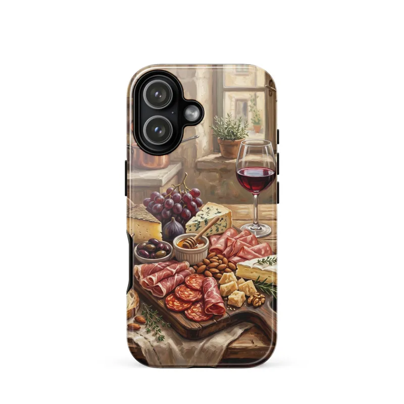 Charcuterie & Cheese Board Tough Phone Case, iPhone 15, 16 and 17 case, vintage oil painting, wine lover gift