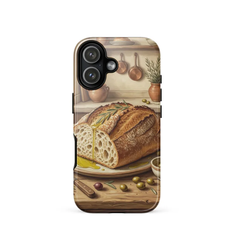 Rustic Crusty Bread with Olive Oil iPhone 15, 16 and 17 case, tough phone case, vintage food illustration, Mediterranean kitchen art, foodie gift