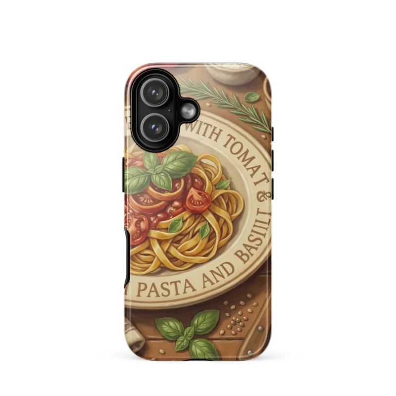 Fresh Pasta with Tomato and Basil Tough Phone Case, iPhone 15, 16 and 17 case, vintage food illustration, rustic kitchen decor, pasta lover gift