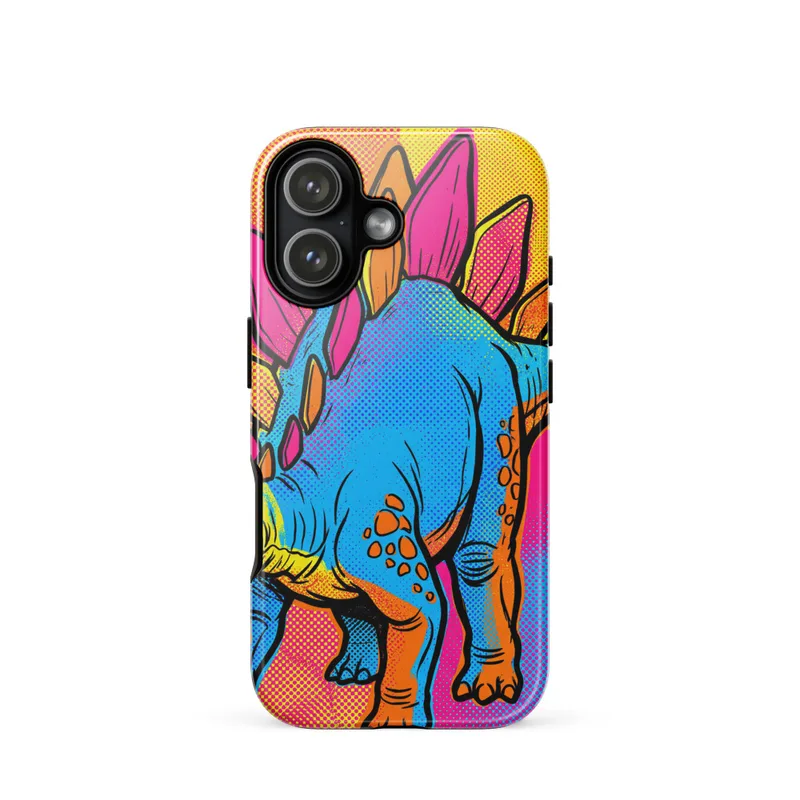 Stegosaurus Tough Phone Case, iPhone 15, 16 and 17 case, pop art dinosaur, colorful graphic gift for dinosaur lovers