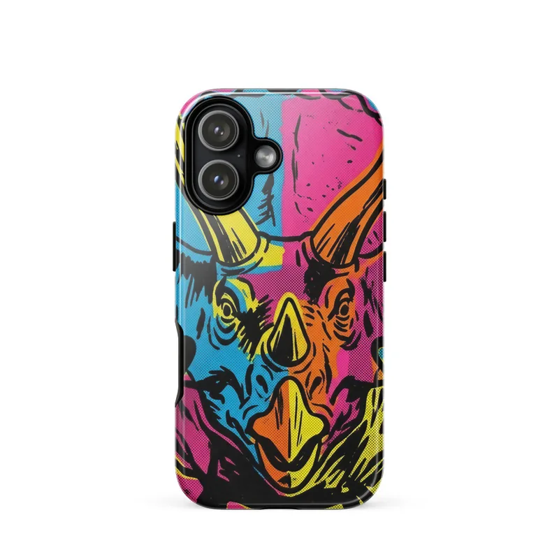 Triceratops Tough Phone Case, Andy Warhol-inspired pop art, colorful dinosaur gift, iPhone 15, 16 and 17 case