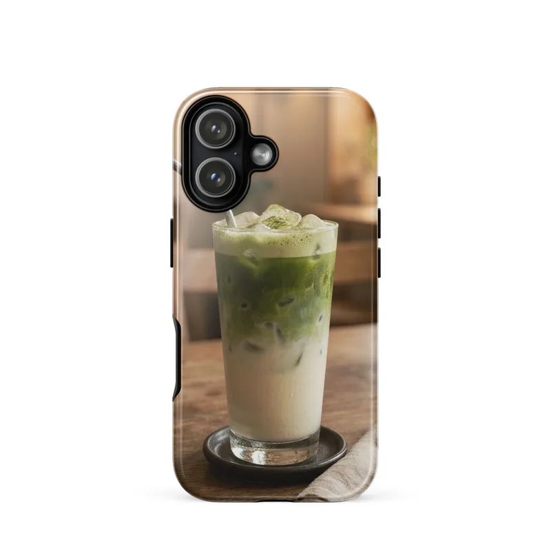 Iced Matcha Latte Tough Phone Case, iPhone 15, 16 and 17 case, photorealistic beverage art, cozy café style, matcha lover gift