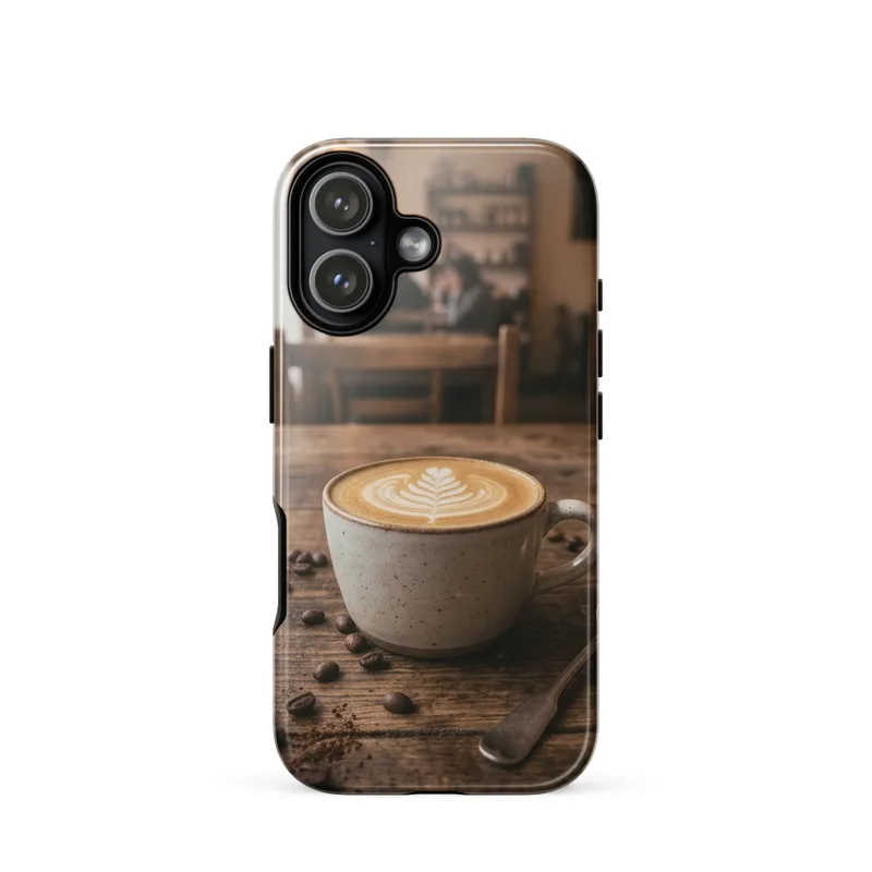 Latte Art Tough Phone Case, iPhone 15, 16 and 17 case, cozy coffee phone cover, latte lover gift, warm cafe style