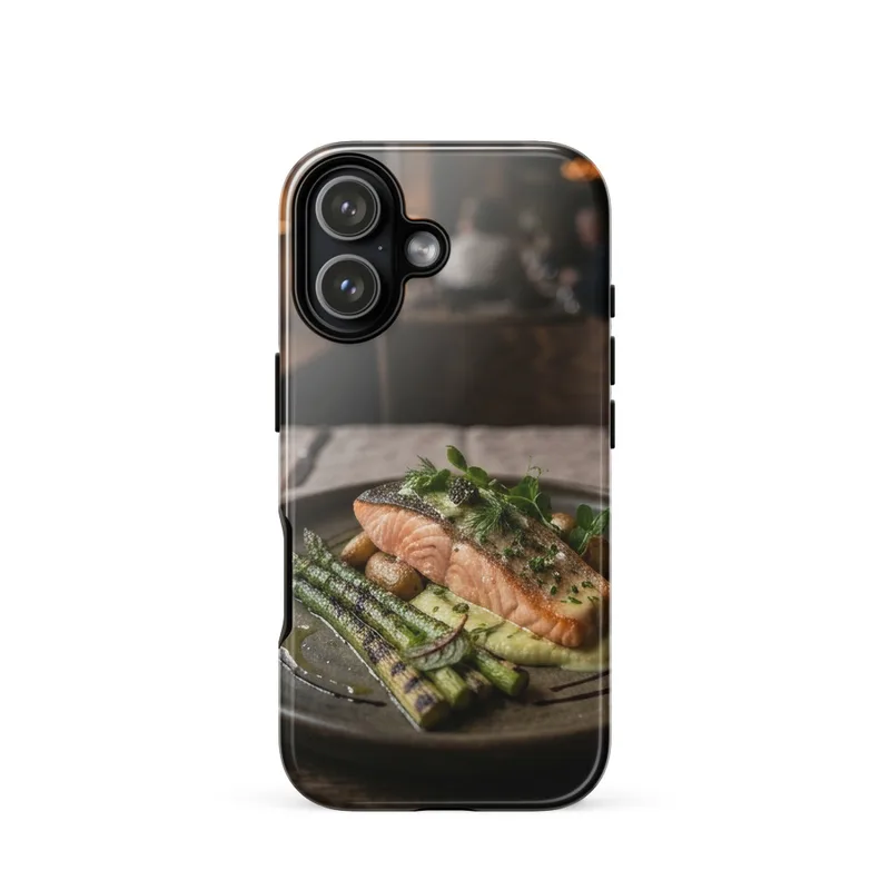 Poached Salmon with Charred Asparagus Tough Phone Case, iPhone 15, 16 and 17 case, gourmet food photography, fine dining gift