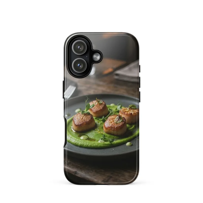 Seared Scallops Tough Phone Case, iPhone 15, 16 and 17 case, gourmet food photography, fine dining gift, moody restaurant style