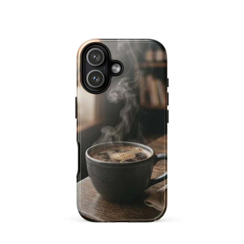 Steaming Black Coffee Tough Phone Case, iPhone 15, 16 and 17 case, cozy coffee gift, photorealistic drink art