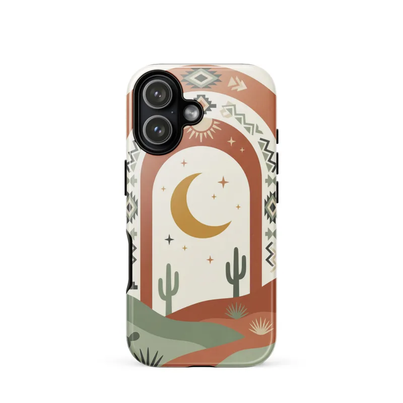 Abstract desert arches framing a crescent moon Tough Phone Case, iPhone 15, 16 and 17 case, Southwestern boho gift, desert style