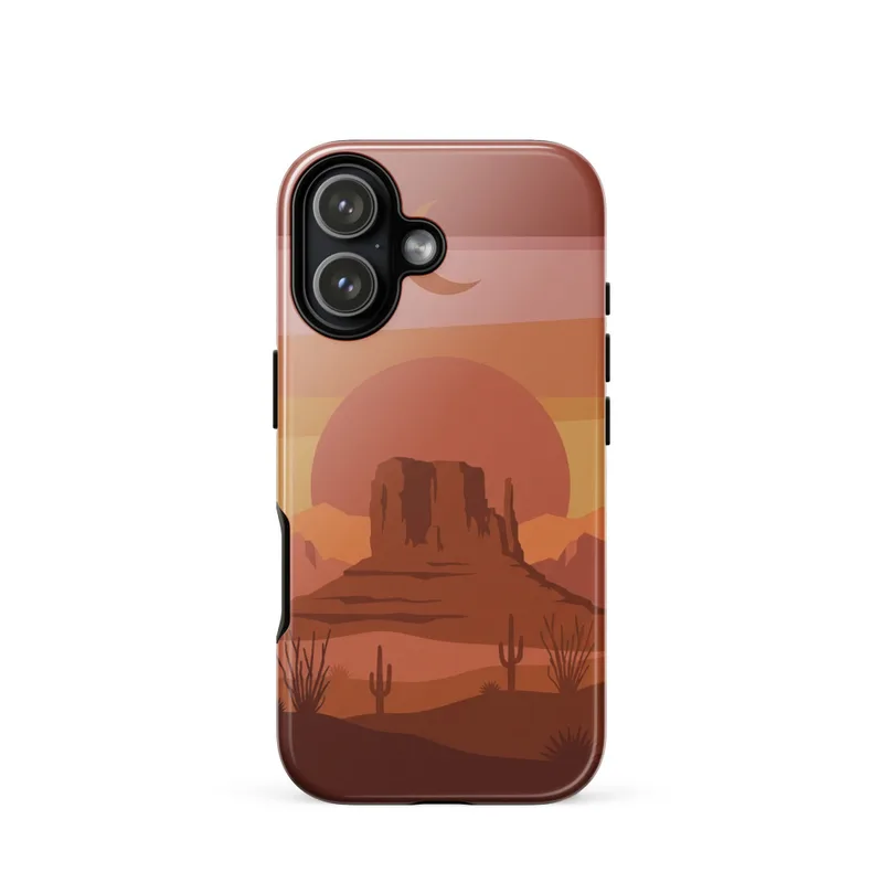 Lone Desert Mesa Beneath a Crescent Moon Tough Phone Case, iPhone 15, 16 and 17 case, retro southwestern style, gift for desert lovers