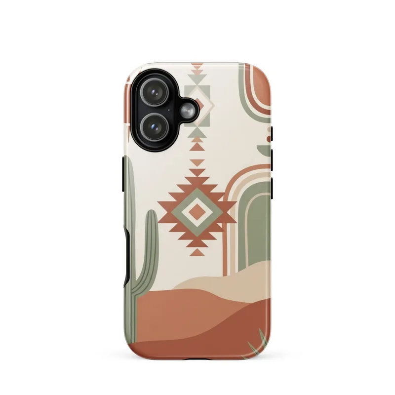 Cactus & Geometric Sun Tough Phone Case, iPhone 15, 16 and 17 case, Southwestern boho, desert gift, geometric design