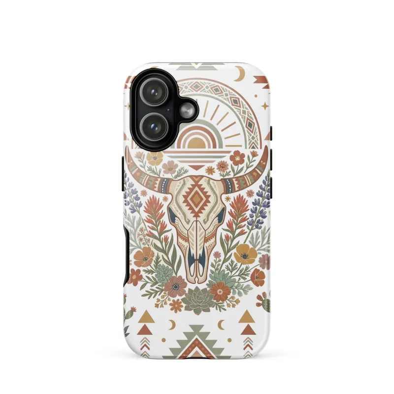 Steer Skull Tough Phone Case, iPhone 15, 16 and 17 case, southwestern boho style, desert gift, cactus lover gift
