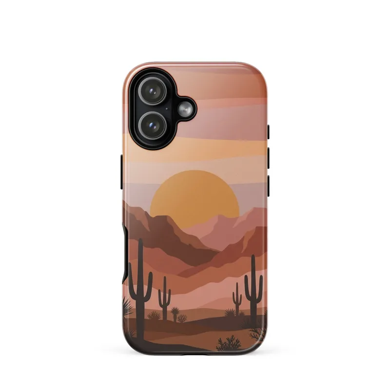 Saguaro Cacti at Sunset Tough Phone Case, iPhone 15, 16 and 17 case, retro desert art, southwestern gift for cactus lovers