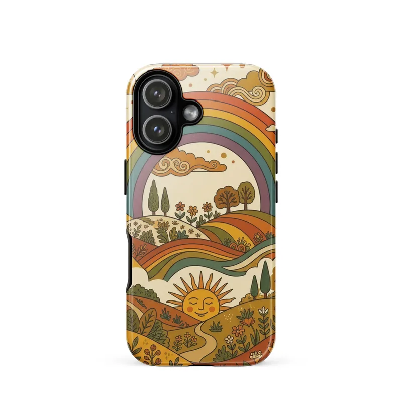 Rainbow Over Rolling Hills Tough Phone Case, iPhone 15, 16 and 17 case, 1970s retro art, groovy summer gift