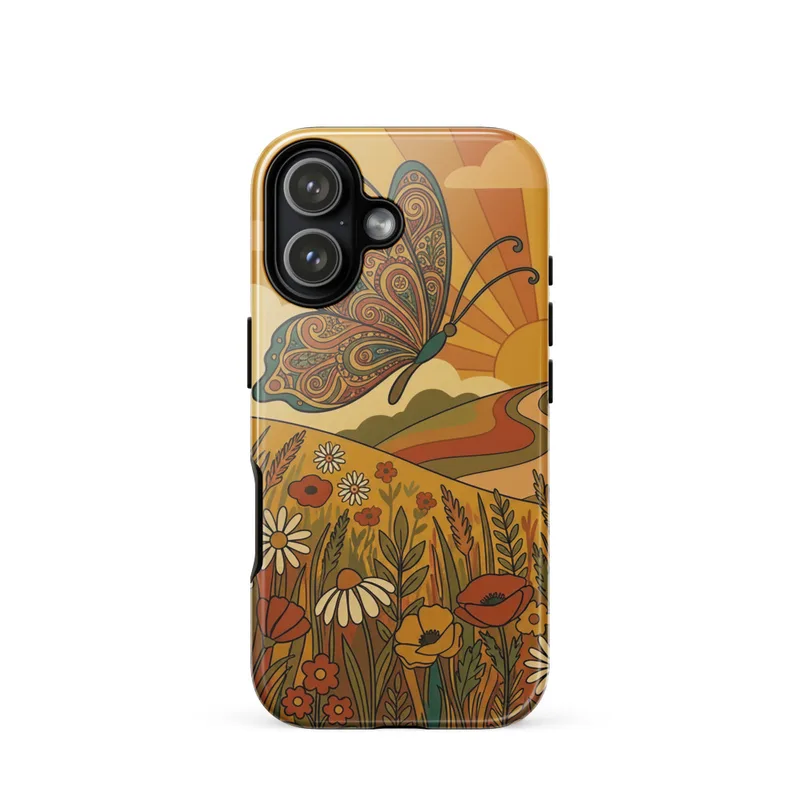 Wildflower Butterfly Tough Phone Case, 1970s retro illustration, psychedelic folk art, iPhone 15, 16 and 17 case, gift for nature lovers