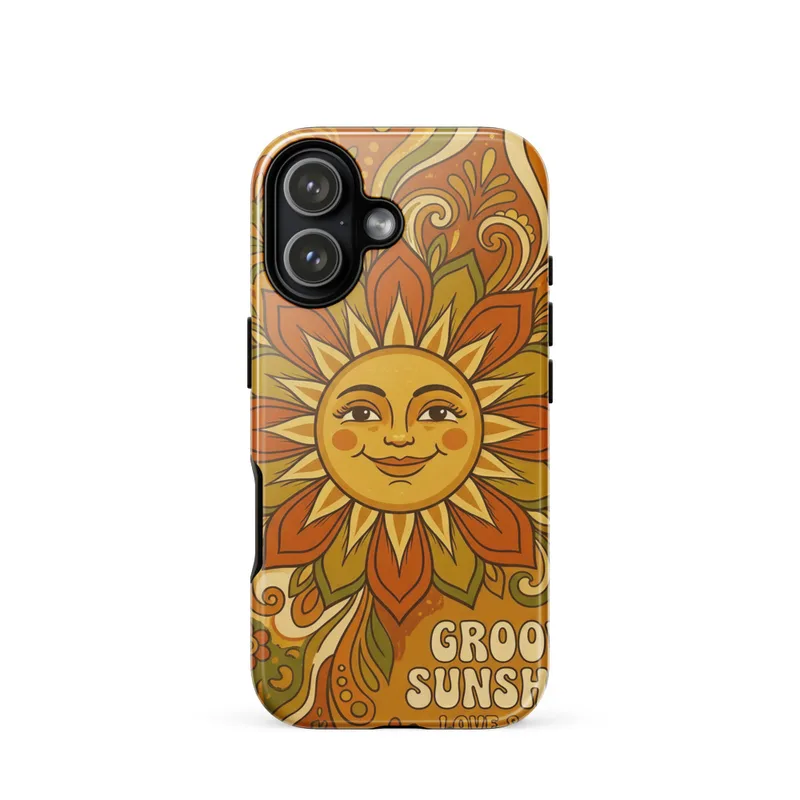 Smiling Flower Sun Tough Phone Case, 1970s psychedelic art, groovy retro style, iPhone 15, 16 and 17 case, summer gift