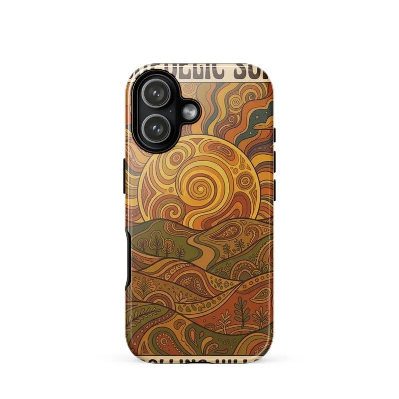 Rolling Hills Under a Psychedelic Setting Sun Tough Phone Case, retro psychedelic art, iPhone 15, 16 and 17 case, retro summer gift