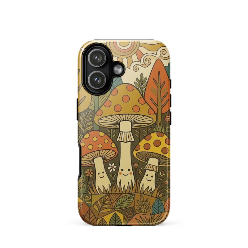Polka-Dot Toadstools Tough Phone Case, iPhone 15, 16 and 17 case, psychedelic forest art, vintage poster style, retro gift