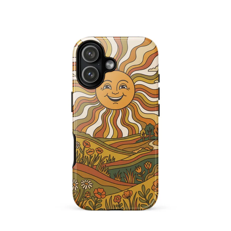Smiling Sun Meadow Tough Phone Case, 1970s psychedelic retro, vintage summer accessory, iPhone 15, 16 and 17 case, gift for sun lovers