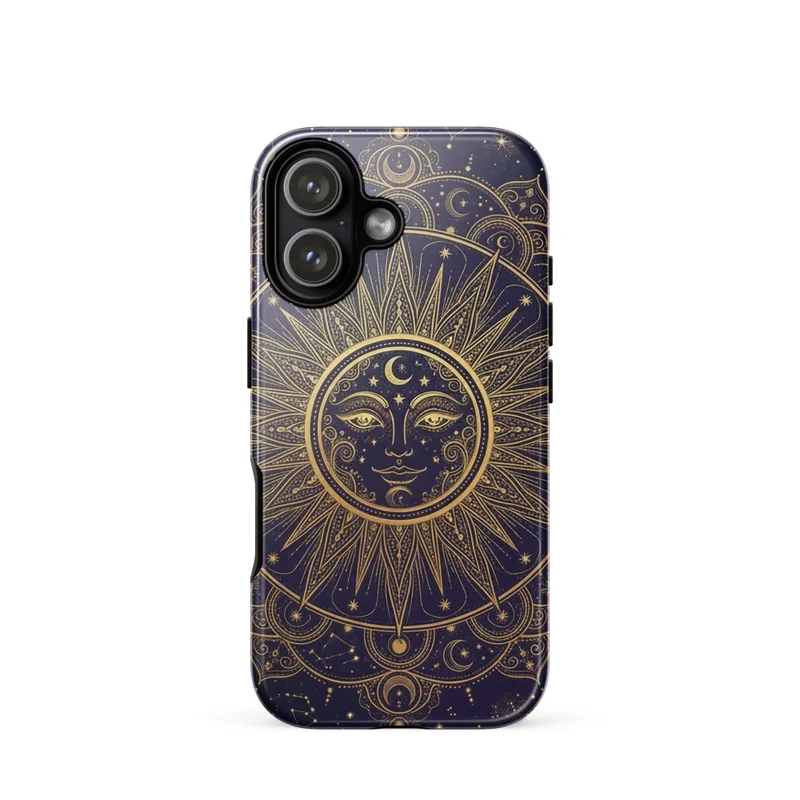 Celestial Sun Mandala Tough Phone Case, boho witchy style, mystical celestial design, astrology gift, iPhone 15, 16 and 17 case