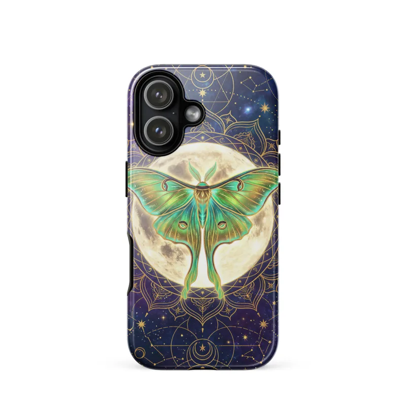 Luna Moth & Moon Tough Phone Case, iPhone 15, 16 and 17 case, celestial mandala, boho witchy style, gift for moon lovers