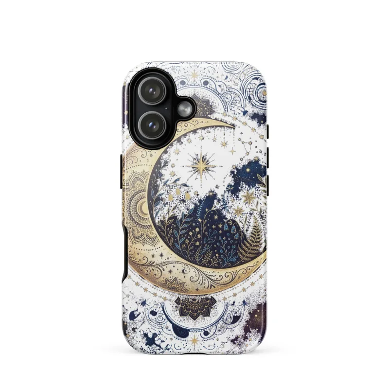 Crescent Moon Botanicals Tough Phone Case, iPhone 15, 16 and 17 case, boho celestial style, witchy gift idea