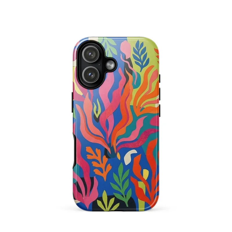 Pink Seaweed Shapes Tough Phone Case, Matisse-inspired abstract art, colorful everyday style, iPhone 15, 16 and 17 case, playful gift