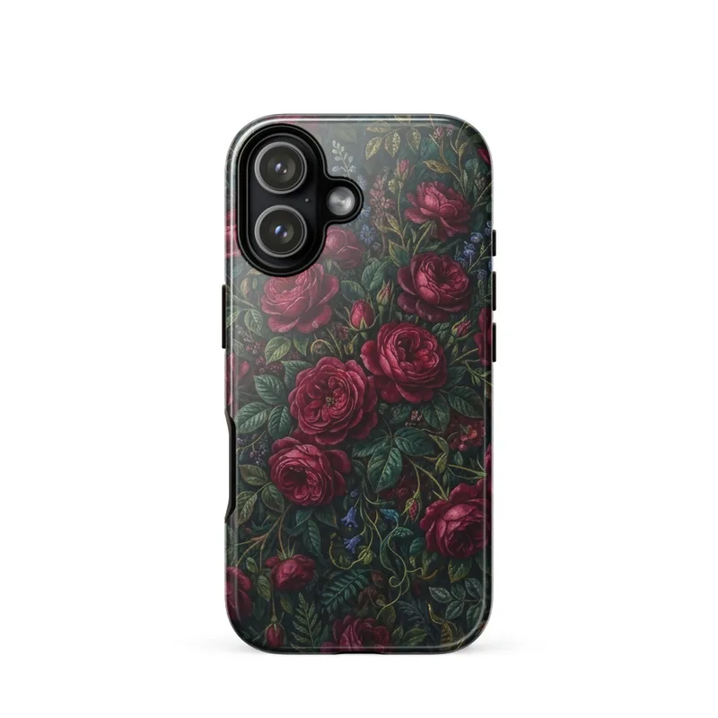 Ruby Rose Botanical Tough Phone Case, iPhone 15, 16 and 17 case, maximalist floral art, William Morris style, gift for flower lovers