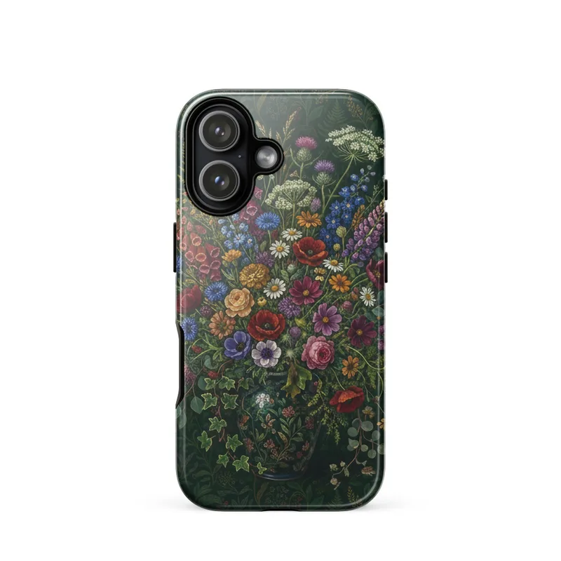 Forest Wildflowers Tough Phone Case, maximalist botanical art, iPhone 15, 16 and 17 case, gift for flower lovers