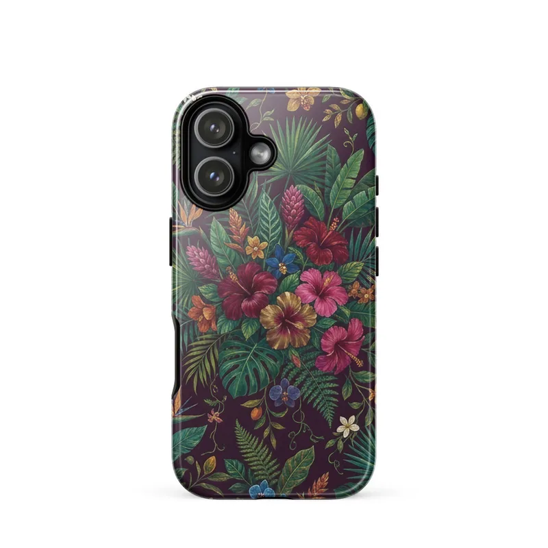 Tropical Hibiscus and Palm Fronds Tough Phone Case, botanical art, maximalist style, iPhone 15, 16 and 17 case