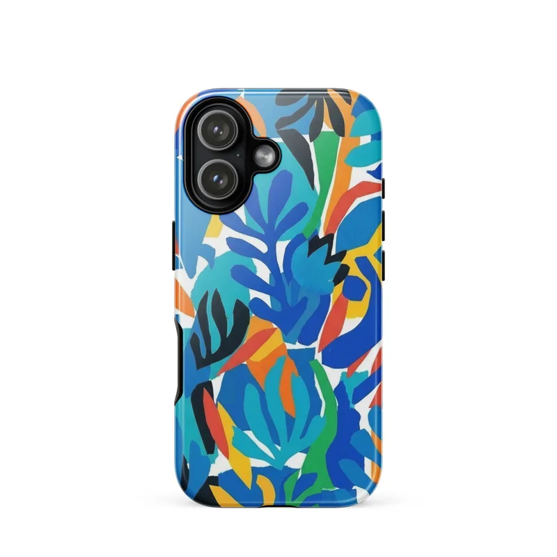 Matisse-inspired abstract blue shapes Tough Phone Case, modern art style, iPhone 15, 16 and 17 case, gift for art lovers