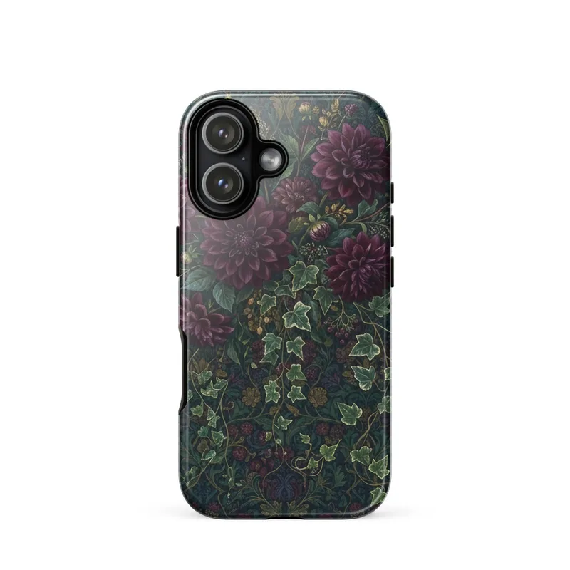 Deep Plum Dahlias with Trailing Ivy Tough Phone Case, iPhone 15, 16 and 17 case, maximalist botanical style, floral gift