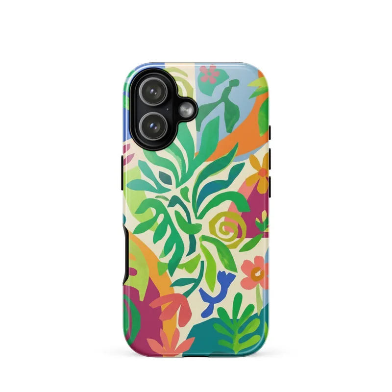 Matisse-inspired abstract cut-out Tough Phone Case, iPhone 15, 16 and 17 case, colorful botanical style, playful gift for art lovers
