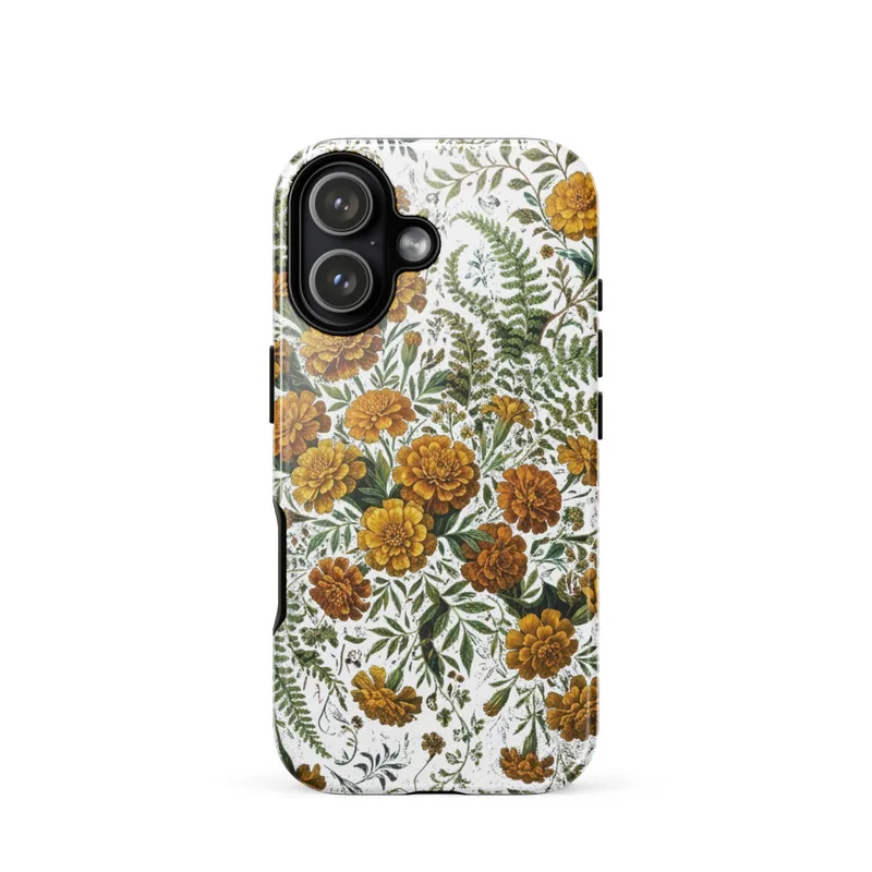 Abundant Golden Marigolds and Trailing Ferns Tough Phone Case, maximalist botanical art, jewel-tone floral style, iPhone 15, 16 and 17 case