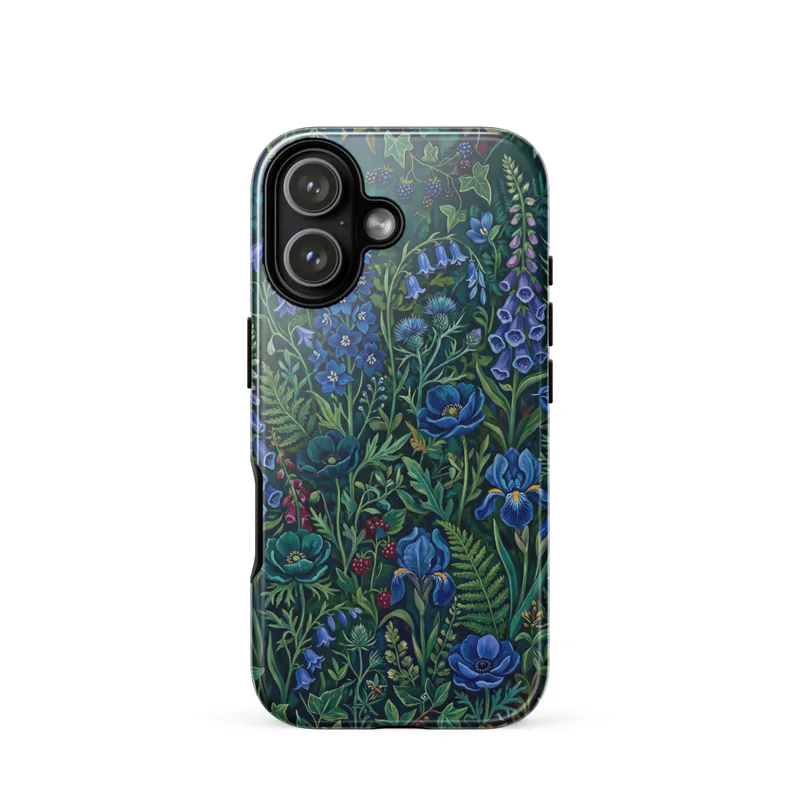 Emerald and Sapphire Wildflower Tough Phone Case, iPhone 15, 16 and 17 case, maximalist botanical art, jewel-tone floral design, botanical gift