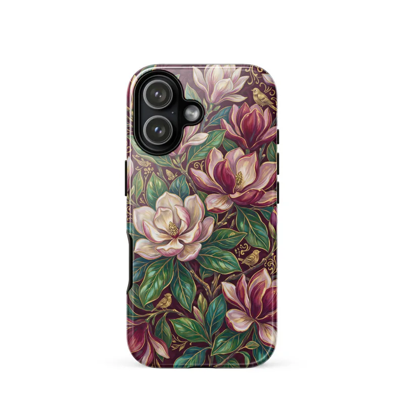 Abundant Magnolia Blossoms with Gold Accents on Burgundy Tough Phone Case, iPhone 15, 16 and 17 case, maximalist botanical floral gift