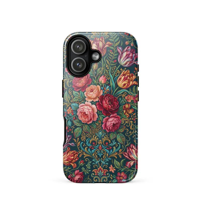Baroque Rose and Tulip Tough Phone Case, iPhone 15, 16 and 17 case, maximalist floral, botanical, flower lovers