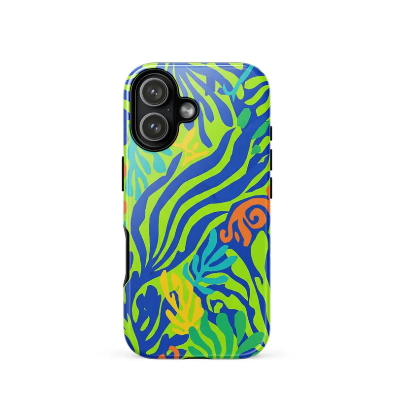 Cobalt Seaweed Tough Phone Case, iPhone 15, 16 and 17 case, Matisse-inspired abstract art, colorful gift for art lovers