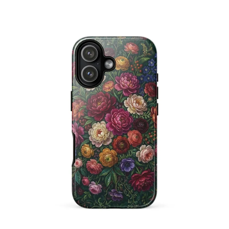 Emerald Peony Bouquet Tough Phone Case, iPhone 15, 16 and 17 case, maximalist botanical style, floral gift idea